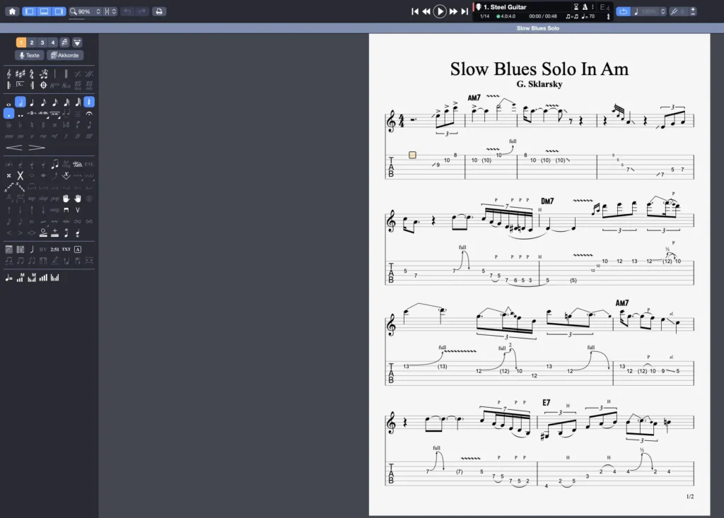 guitar solo written in Guitar Pro with standard notation and tablature