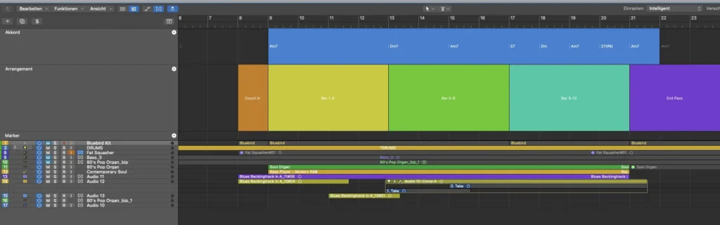 DAW arrangement view showing structure of a guitar solo with markers and sections