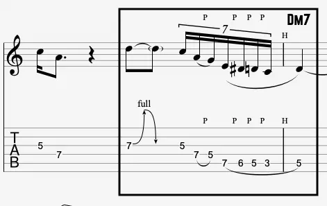 transition motif in guitar solo over Dm7 chord shown in notation and tablature