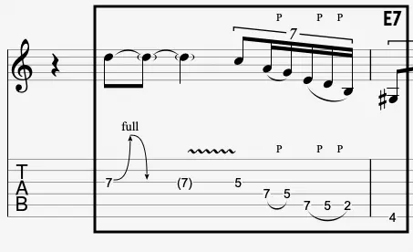 transition motif variation over E7 chord in guitar solo with expressive pharsing and tab