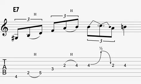 triplet motif variation over E7 chord in guitar solo with tablature and notation