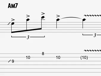 triplet motif variation over Am7 chord in guitar solo notation and tab