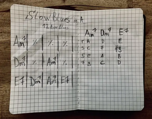 12 bar blues chord progression in A with outlined chord notes written in a notebook