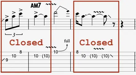 Non contrasting phrase in guitar solo over am7 chord shown in notation and tablature