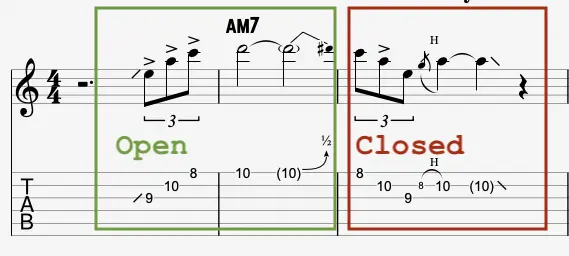 open closed phrase in guitar solo over am7 chord shown in notation and tablature