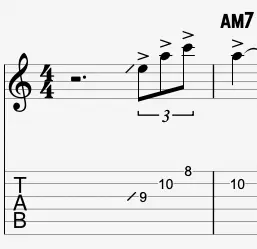 guitar tab and notation showing a triplet motif in a blues guitar solo