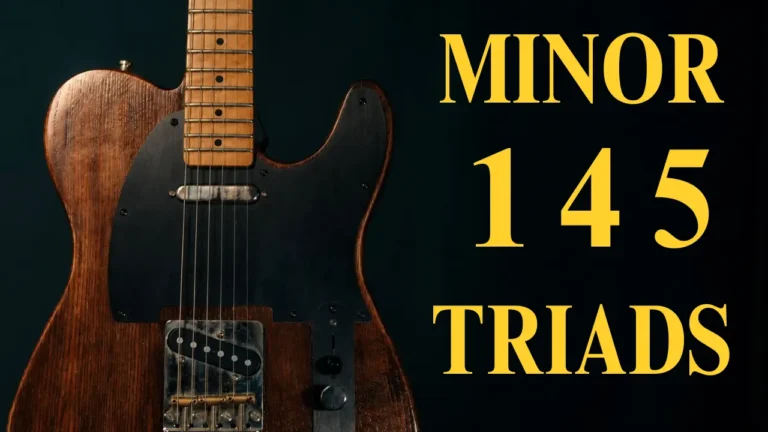 Electric guitar beside yellow “Minor Triads” text and the chord progression i–iv–v on a dark background